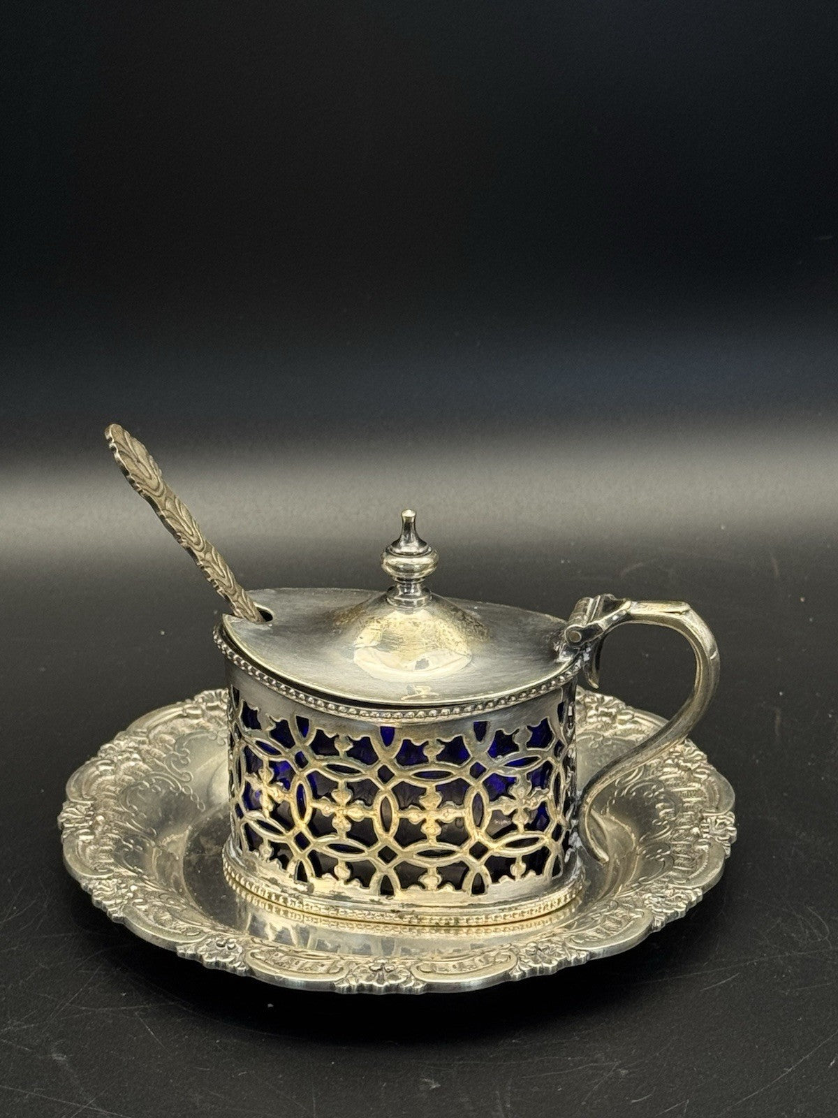Silverplated English Mustard Pot Spoon & Tray Set ESTATE FIND