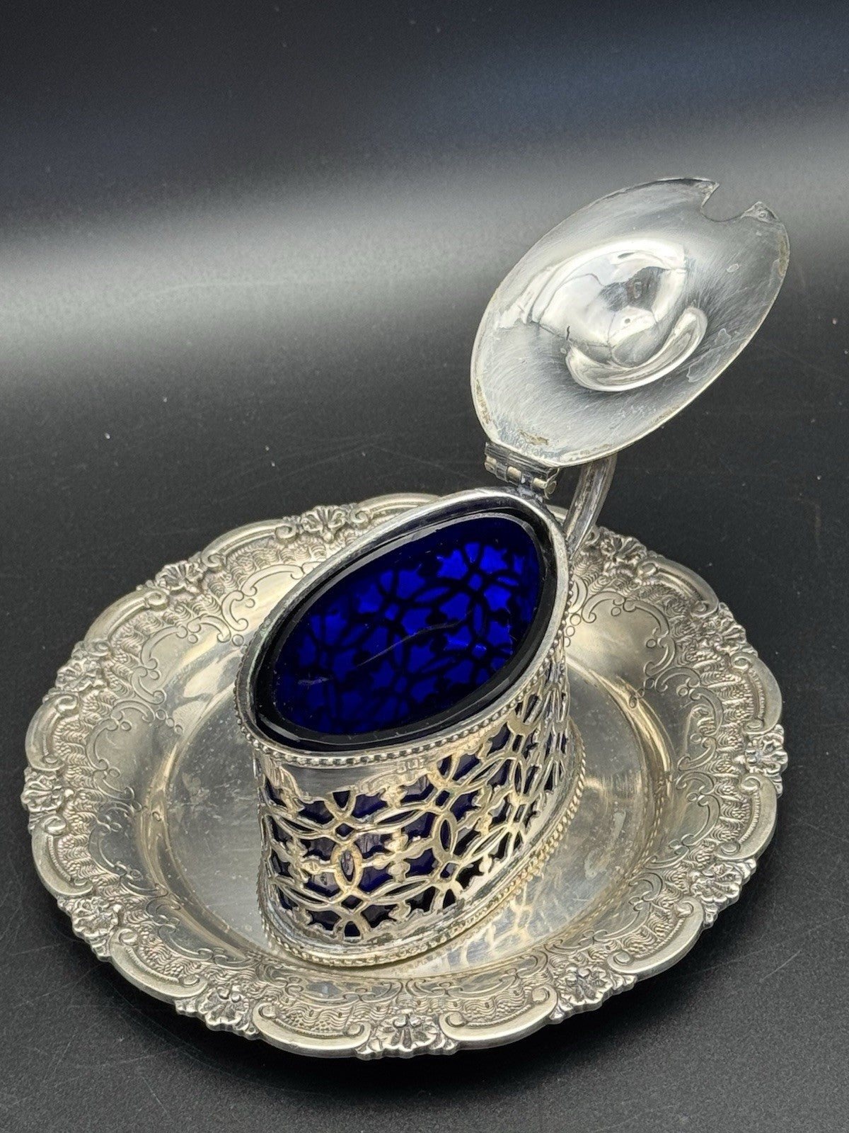 Silverplated English Mustard Pot Spoon & Tray Set ESTATE FIND