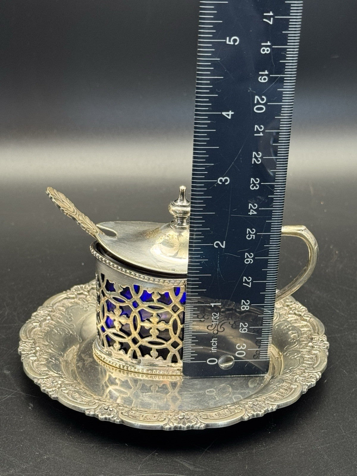 Silverplated English Mustard Pot Spoon & Tray Set ESTATE FIND