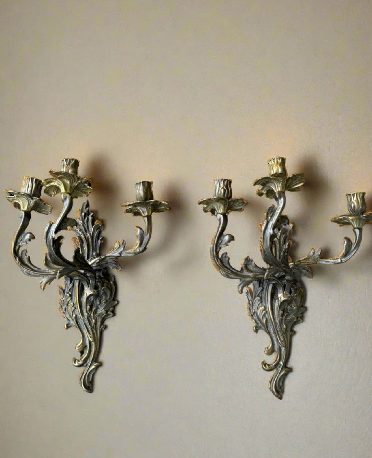 Antique STYLE FRENCH Design Pair Brass Three Arm Candle Wall Sconces VINTAGE