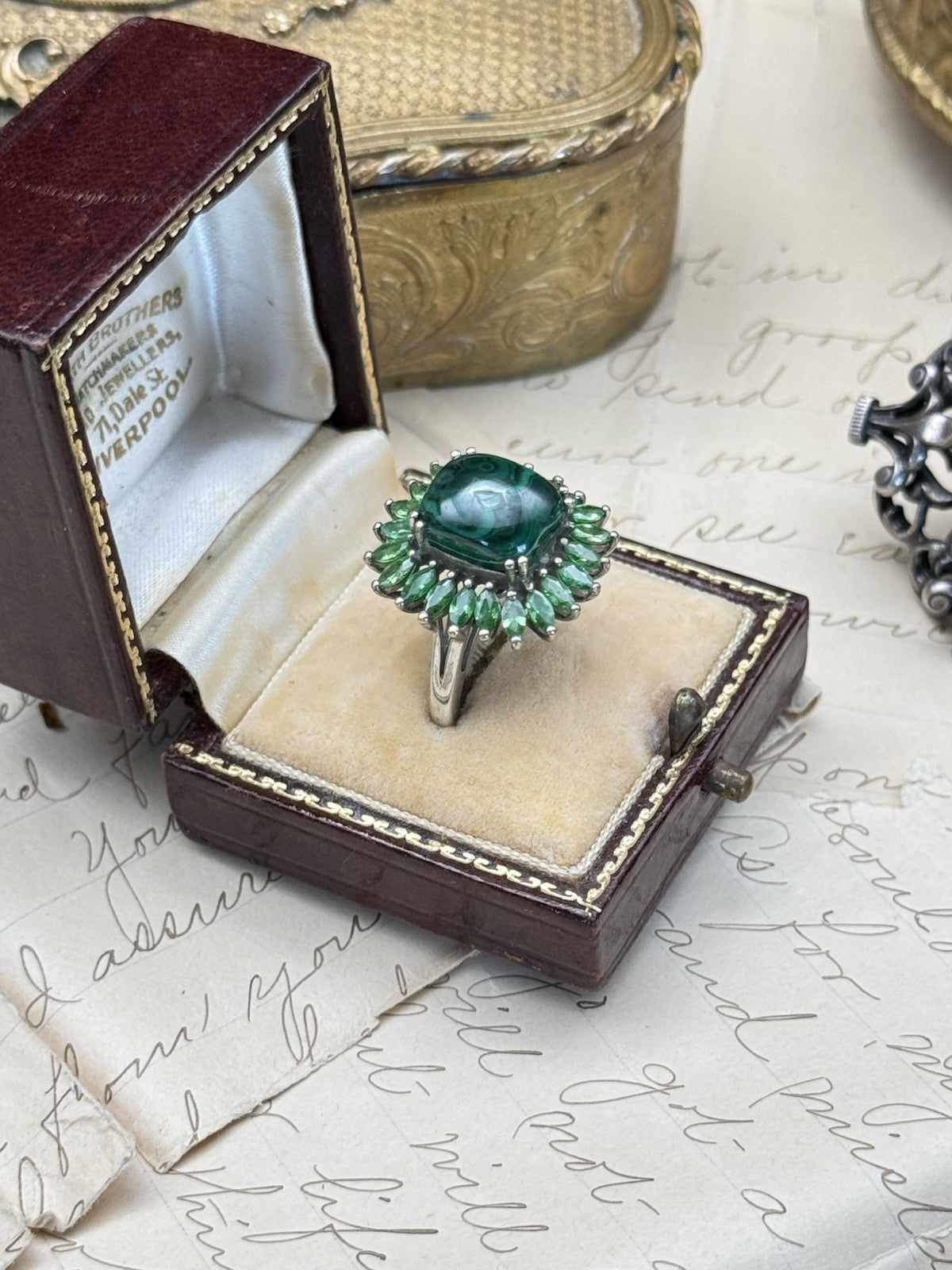 Green Malachite Ring Signed STS KARIS Size 6.75 ESTATE FIND