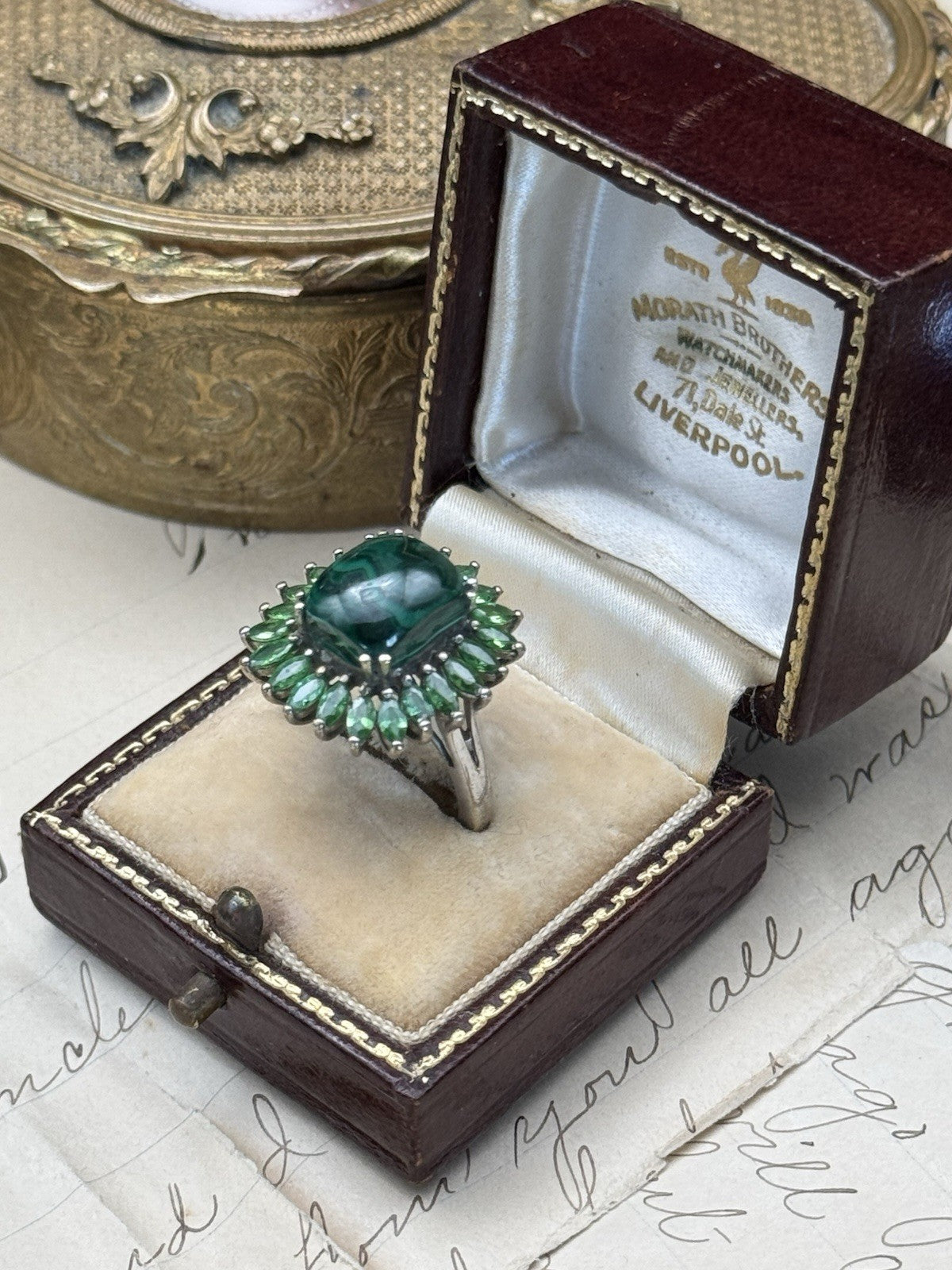 Green Malachite Ring Signed STS KARIS Size 6.75 ESTATE FIND