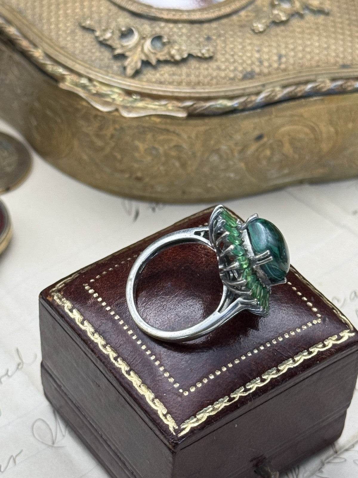 Green Malachite Ring Signed STS KARIS Size 6.75 ESTATE FIND