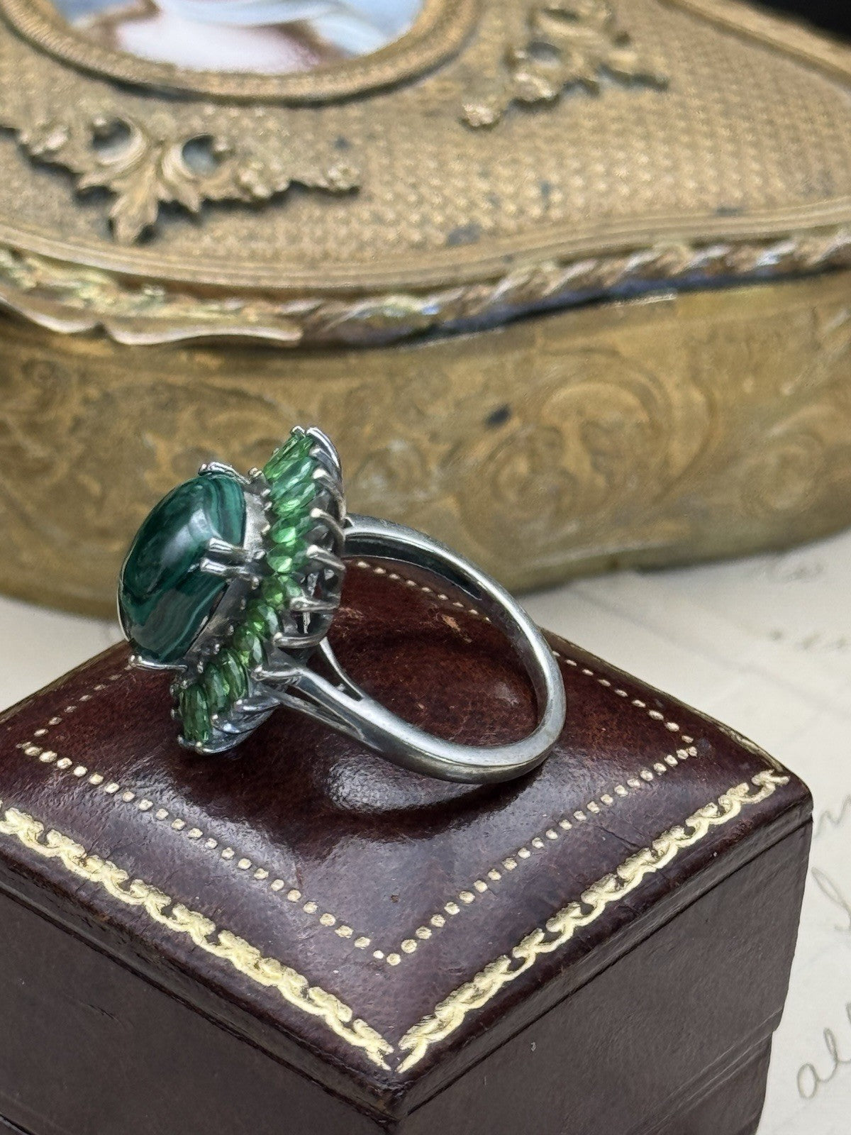 Green Malachite Ring Signed STS KARIS Size 6.75 ESTATE FIND
