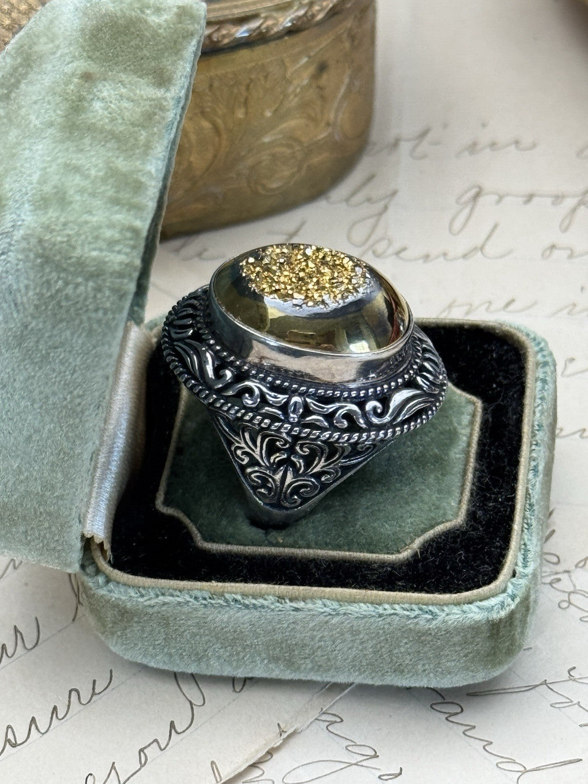 Vintage Sterling Golden Drusy Statement Ring Sz 7.5 ESTATE FIND