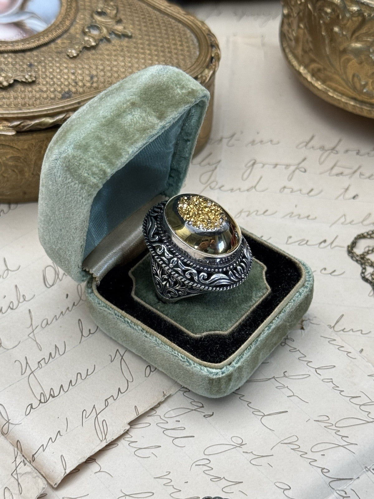 Vintage Sterling Golden Drusy Statement Ring Sz 7.5 ESTATE FIND