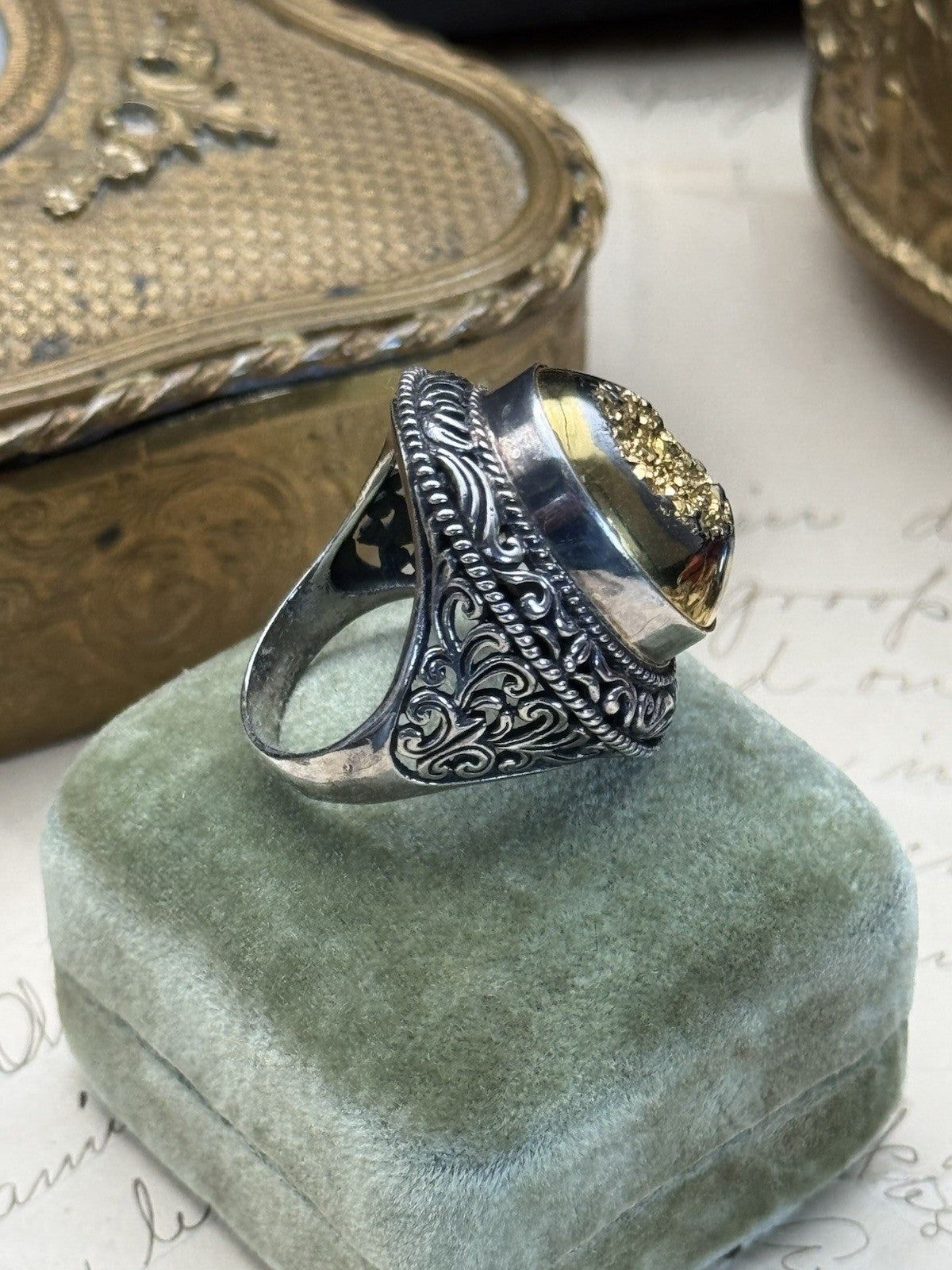 Vintage Sterling Golden Drusy Statement Ring Sz 7.5 ESTATE FIND
