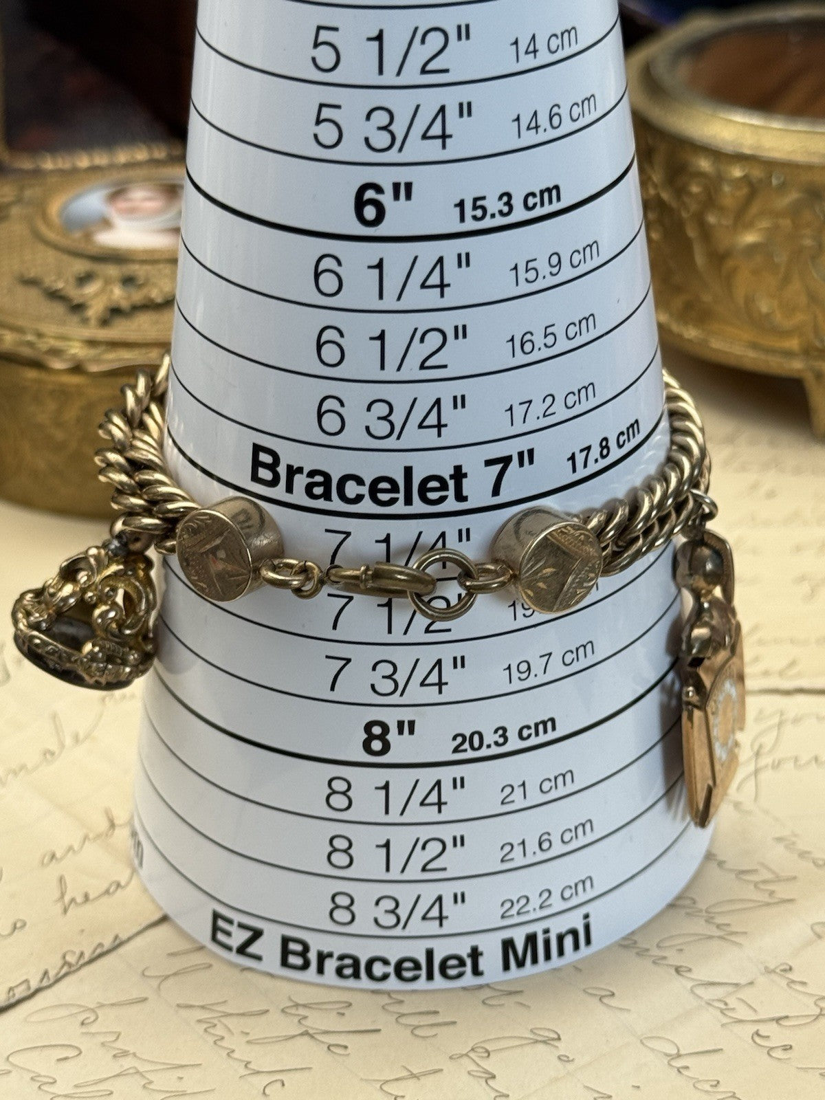 ANTIQUE CHUNKY Victorian Gold-Filled Slider 3 Fobs “1 Spinner” Bracelet 7.25”