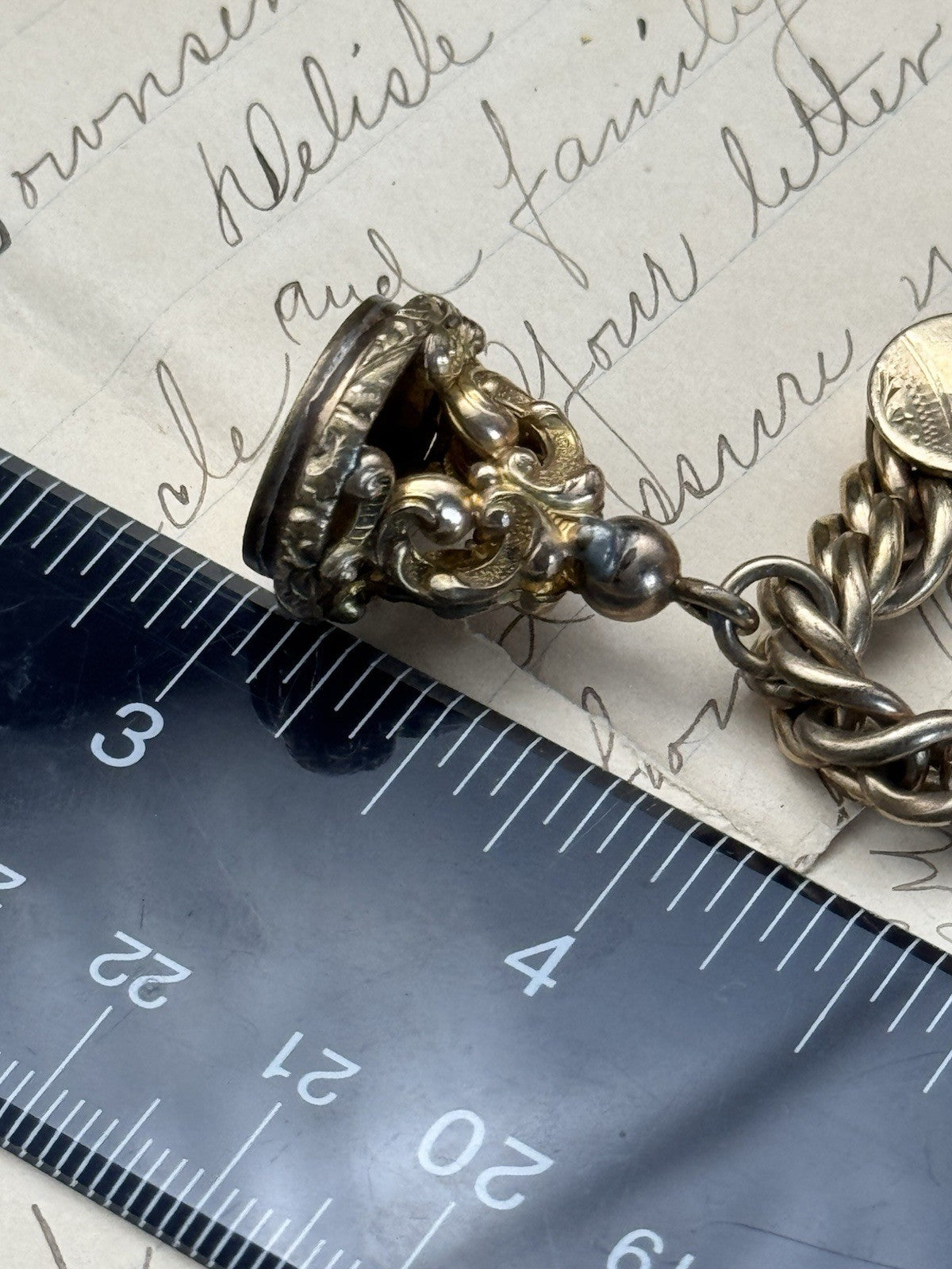 ANTIQUE CHUNKY Victorian Gold-Filled Slider 3 Fobs “1 Spinner” Bracelet 7.25”