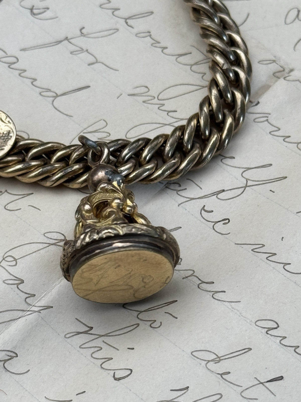 ANTIQUE CHUNKY Victorian Gold-Filled Slider 3 Fobs “1 Spinner” Bracelet 7.25”