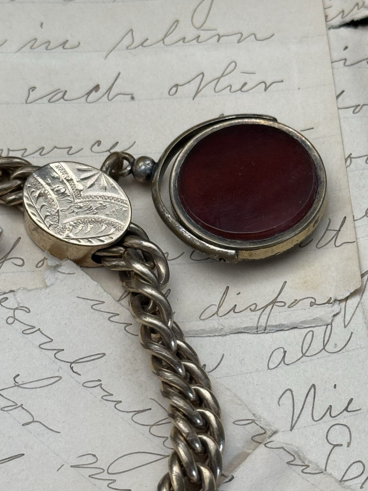 ANTIQUE CHUNKY Victorian Gold-Filled Slider 3 Fobs “1 Spinner” Bracelet 7.25”