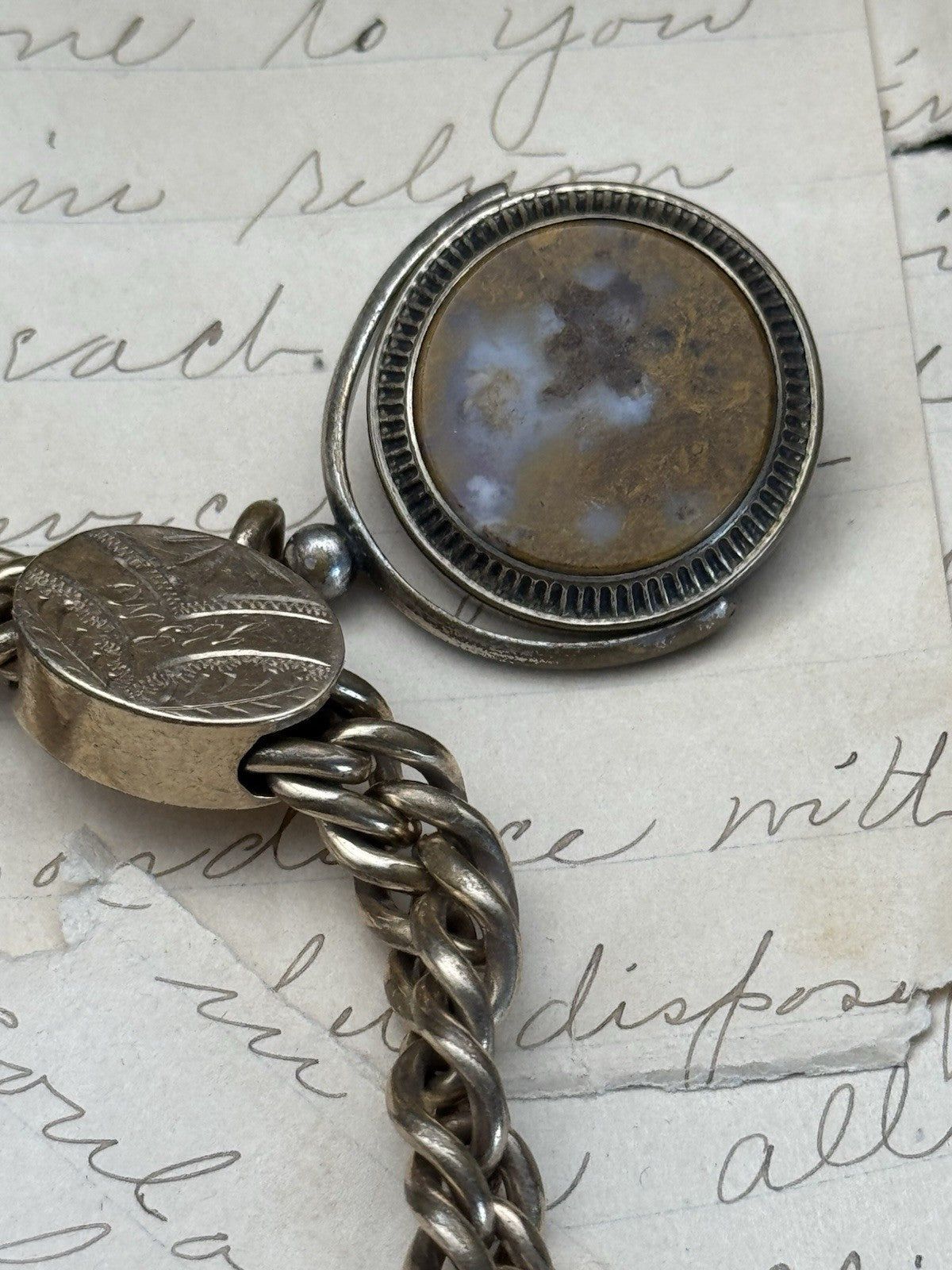 ANTIQUE CHUNKY Victorian Gold-Filled Slider 3 Fobs “1 Spinner” Bracelet 7.25”