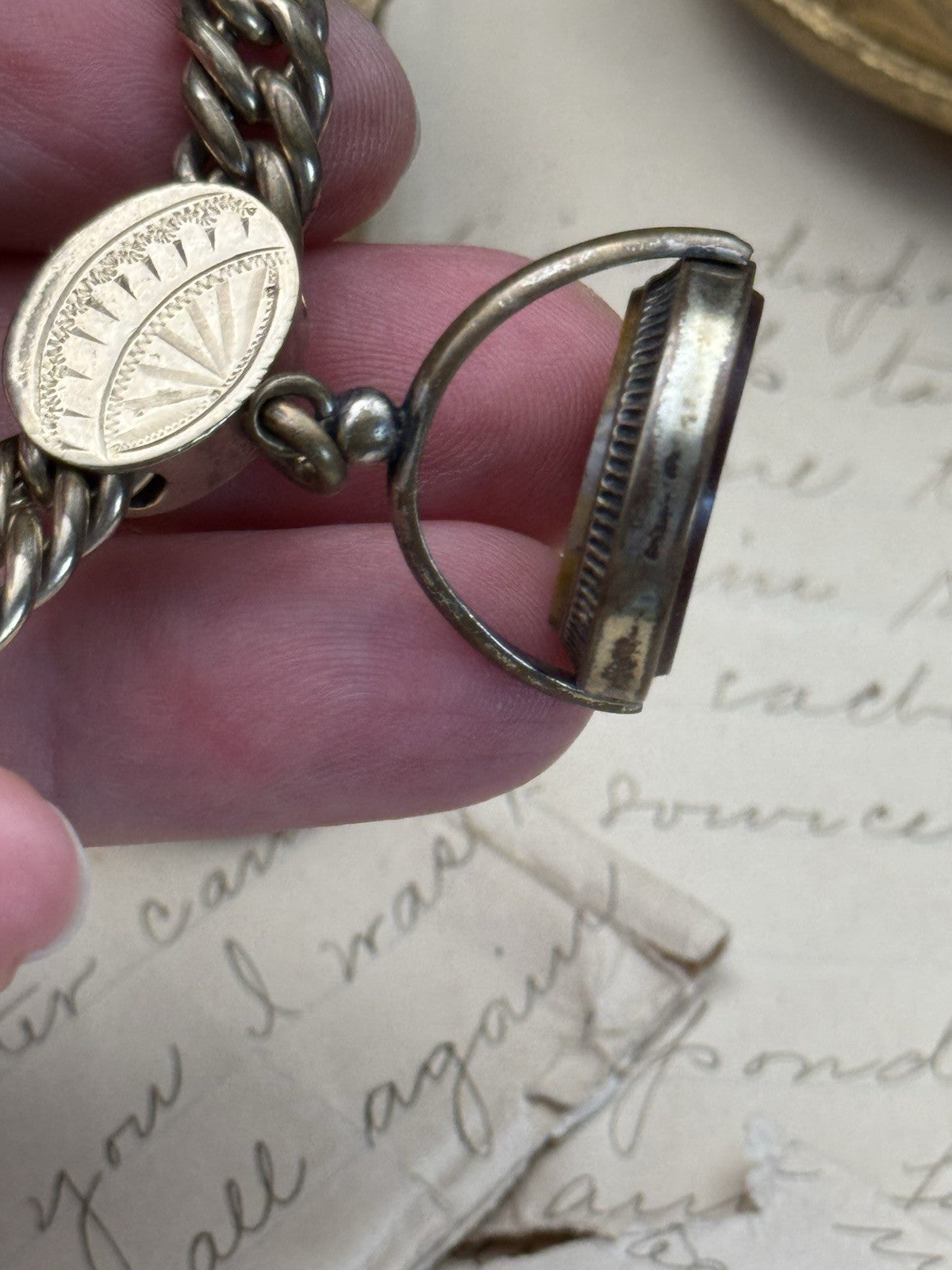 ANTIQUE CHUNKY Victorian Gold-Filled Slider 3 Fobs “1 Spinner” Bracelet 7.25”