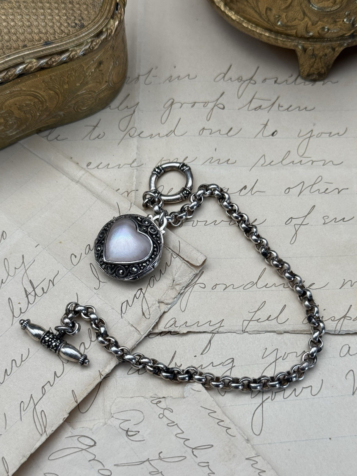 Sterling Heart Locket Mother Of Pearl Bracelet 7” Chain Toggle