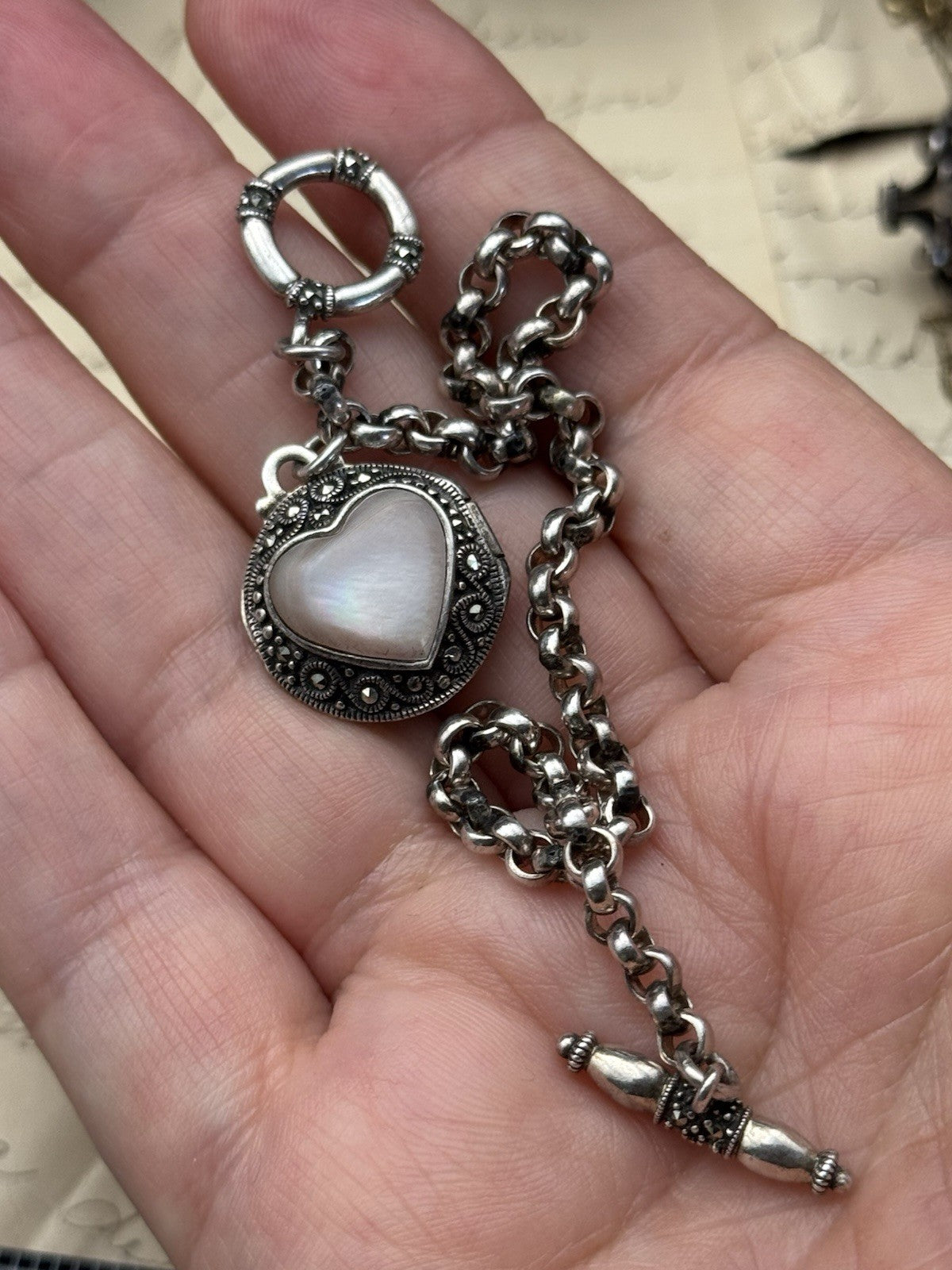 Sterling Heart Locket Mother Of Pearl Bracelet 7” Chain Toggle