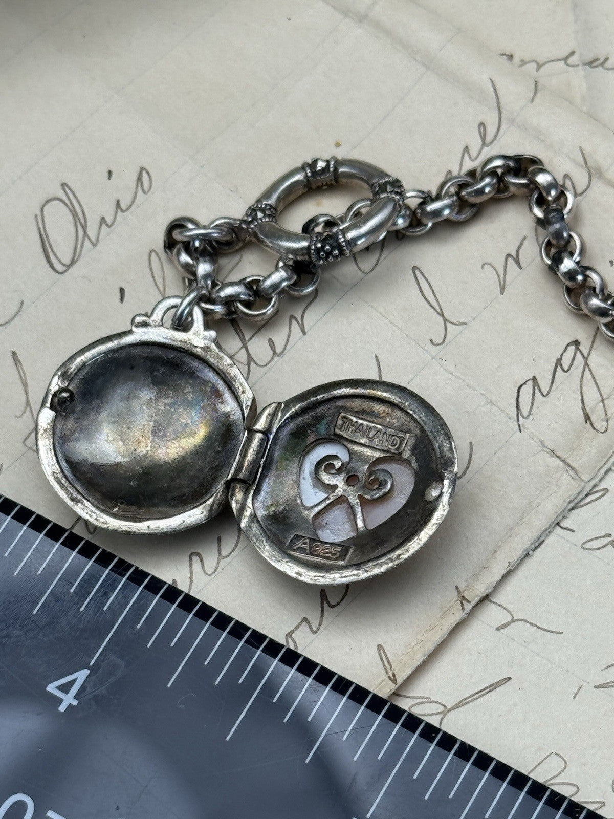 Sterling Heart Locket Mother Of Pearl Bracelet 7” Chain Toggle