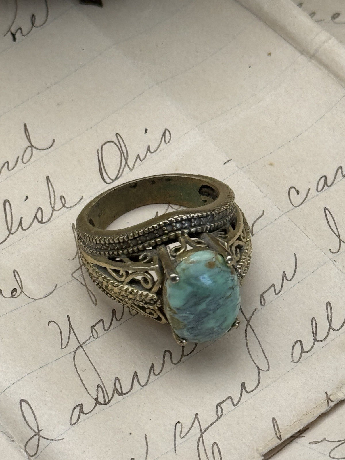 VINTAGE Brass Color Green Ring Boho Style Size 6.75 ESTATE FIND