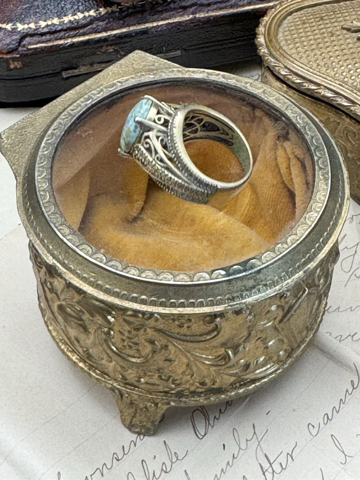 VINTAGE Brass Color Green Ring Boho Style Size 6.75 ESTATE FIND
