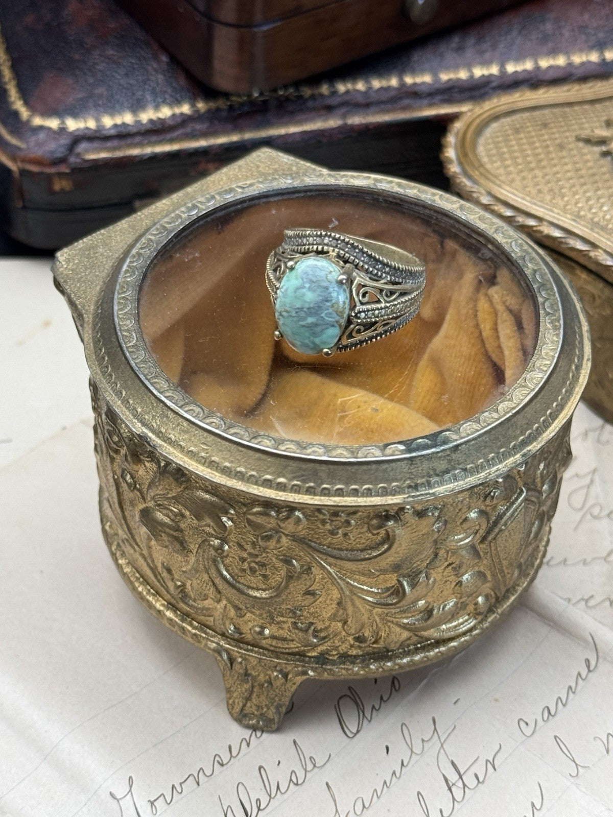VINTAGE Brass Color Green Ring Boho Style Size 6.75 ESTATE FIND