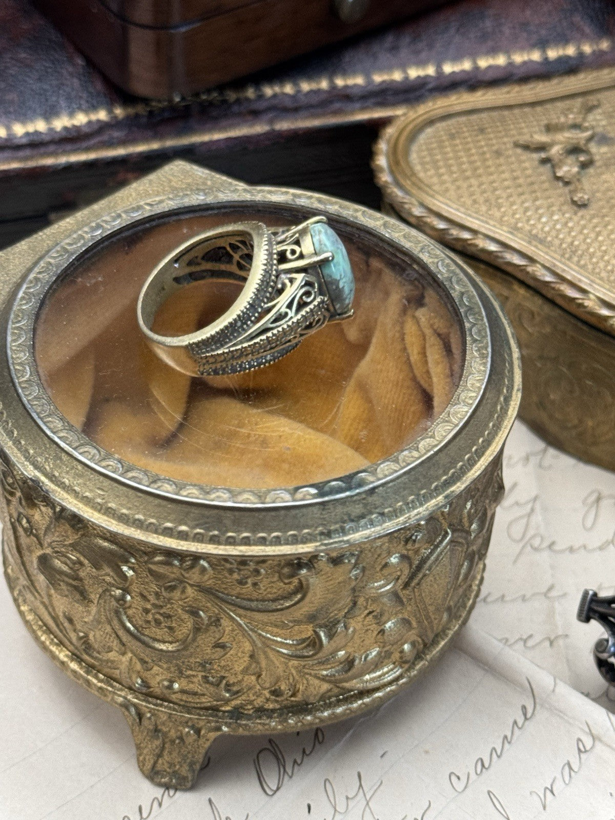 VINTAGE Brass Color Green Ring Boho Style Size 6.75 ESTATE FIND