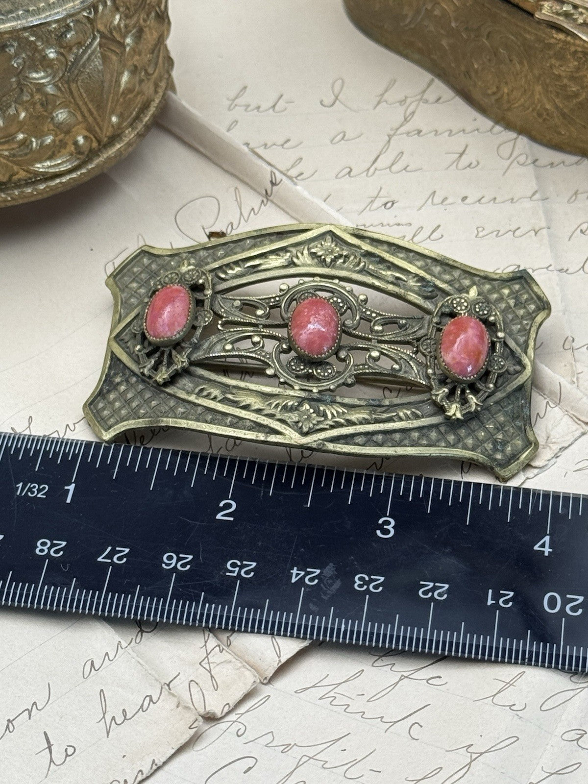 Antique Edwardian Sash Brooch Coral Color Stones ESTATE FIND
