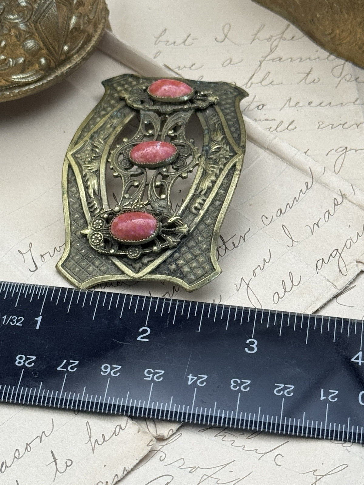 Antique Edwardian Sash Brooch Coral Color Stones ESTATE FIND