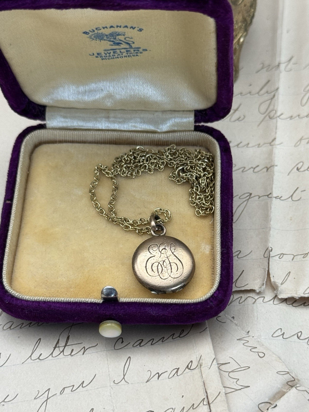 Antique Victorian Small Gold-Filled Locket Necklace Monogrammed