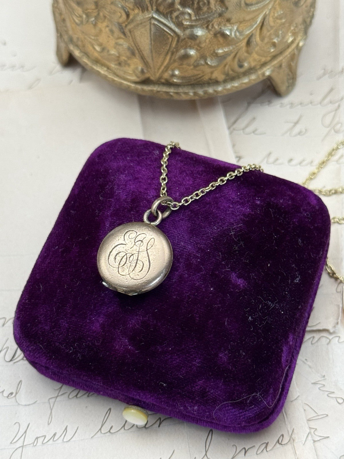 Antique Victorian Small Gold-Filled Locket Necklace Monogrammed