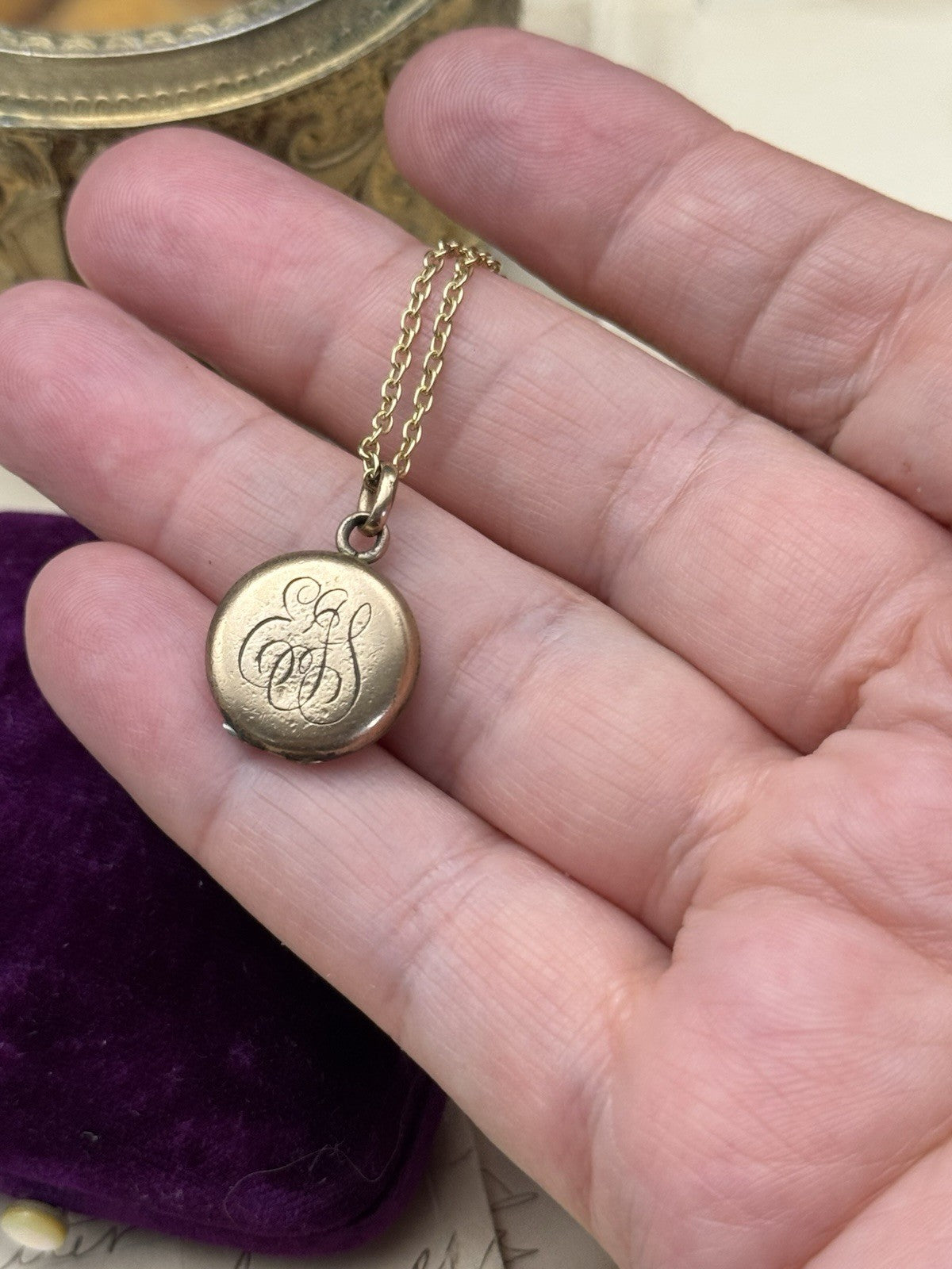 Antique Victorian Small Gold-Filled Locket Necklace Monogrammed