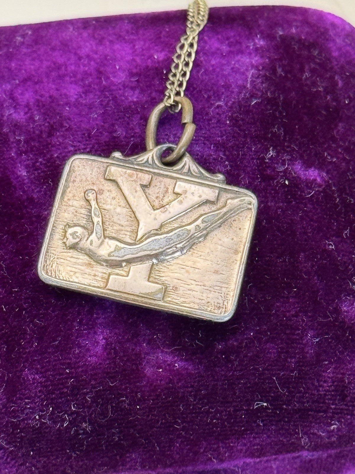 1944 Sports Charm Pendant Necklace Diver “Y” The Kinney Co. Gold-Filled