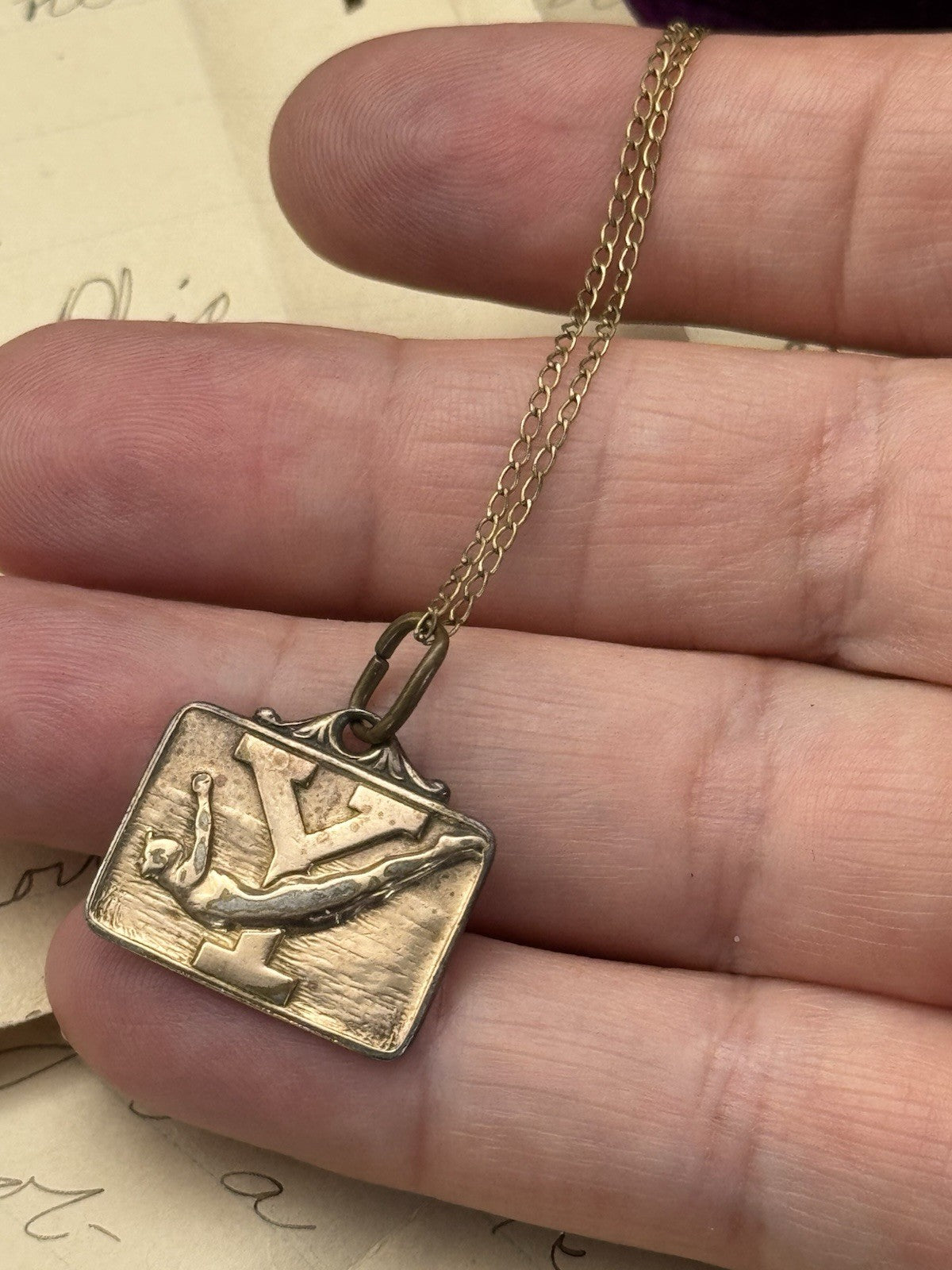 1944 Sports Charm Pendant Necklace Diver “Y” The Kinney Co. Gold-Filled