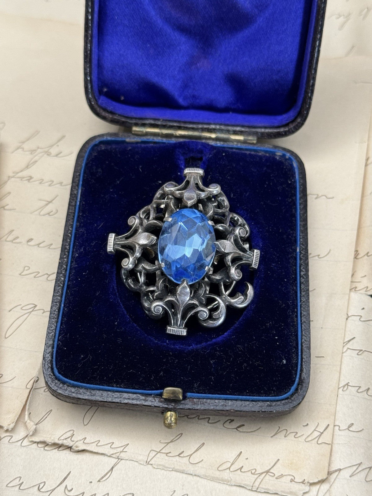Antique French Fleur De Lys Brooch /Scraf Clip Blue Rhinestone