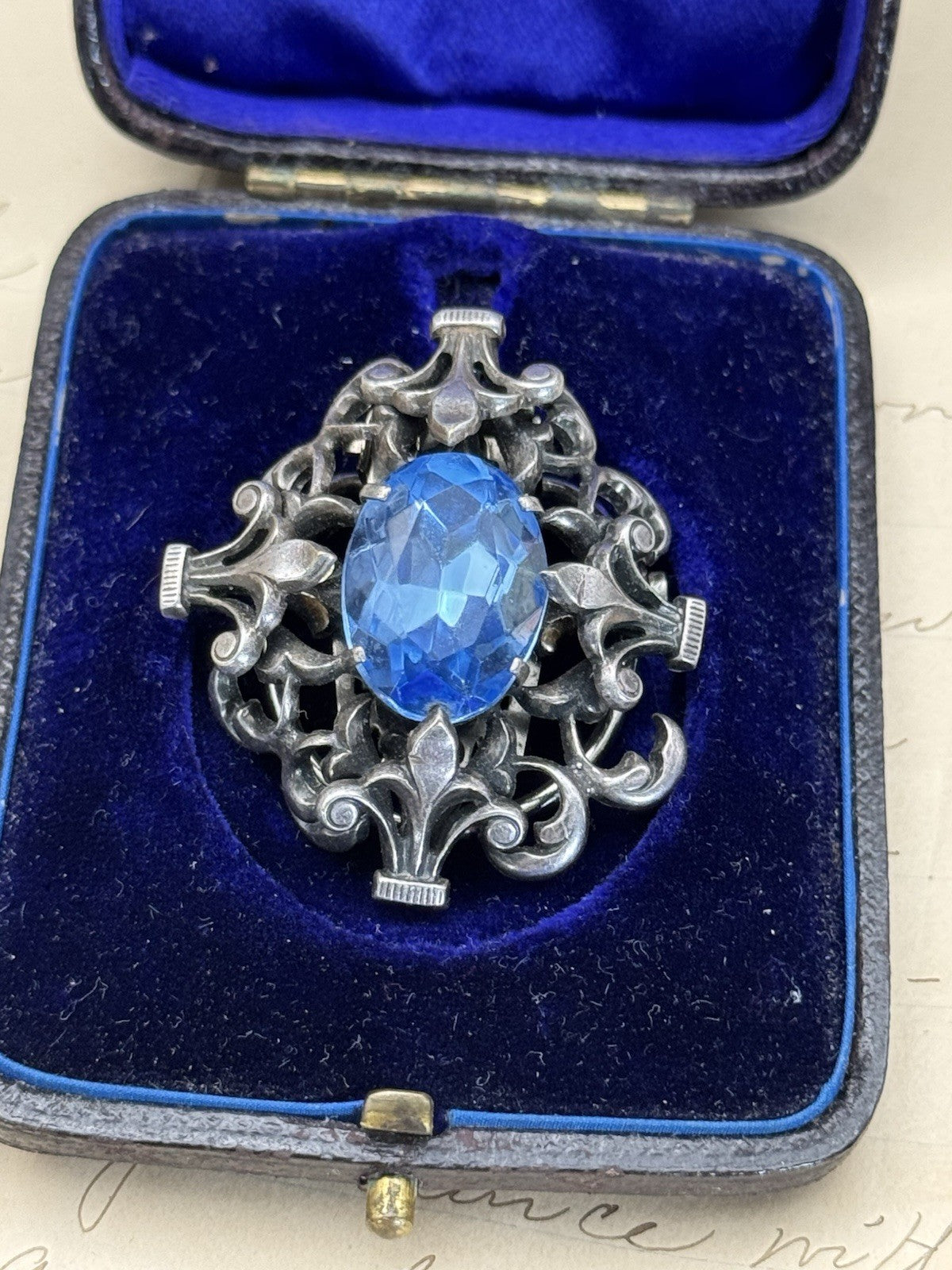 Antique French Fleur De Lys Brooch /Scraf Clip Blue Rhinestone