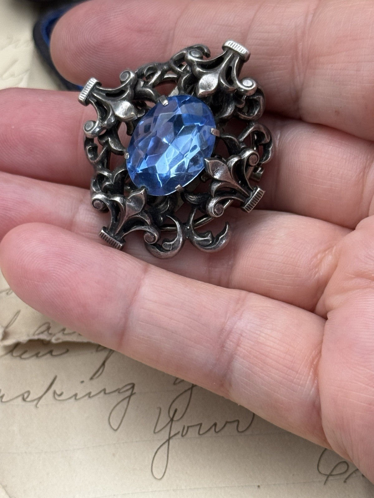 Antique French Fleur De Lys Brooch /Scraf Clip Blue Rhinestone