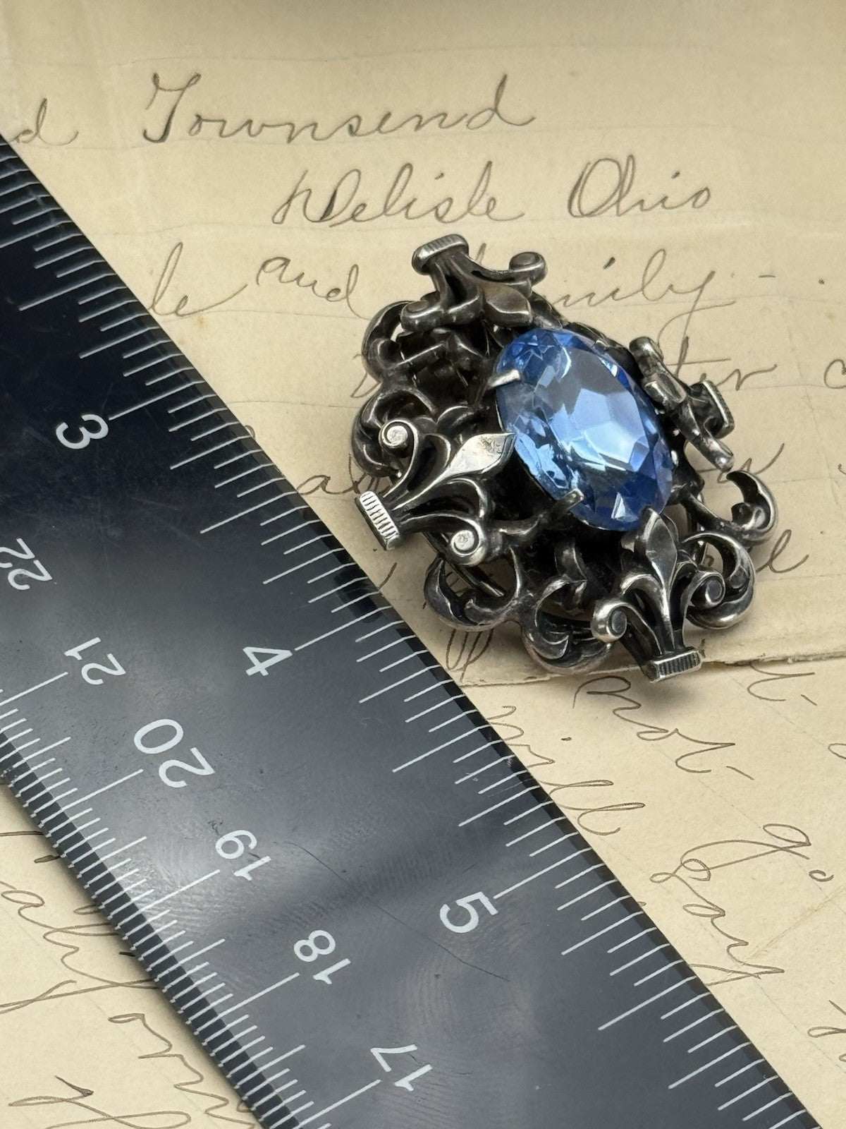 Antique French Fleur De Lys Brooch /Scraf Clip Blue Rhinestone