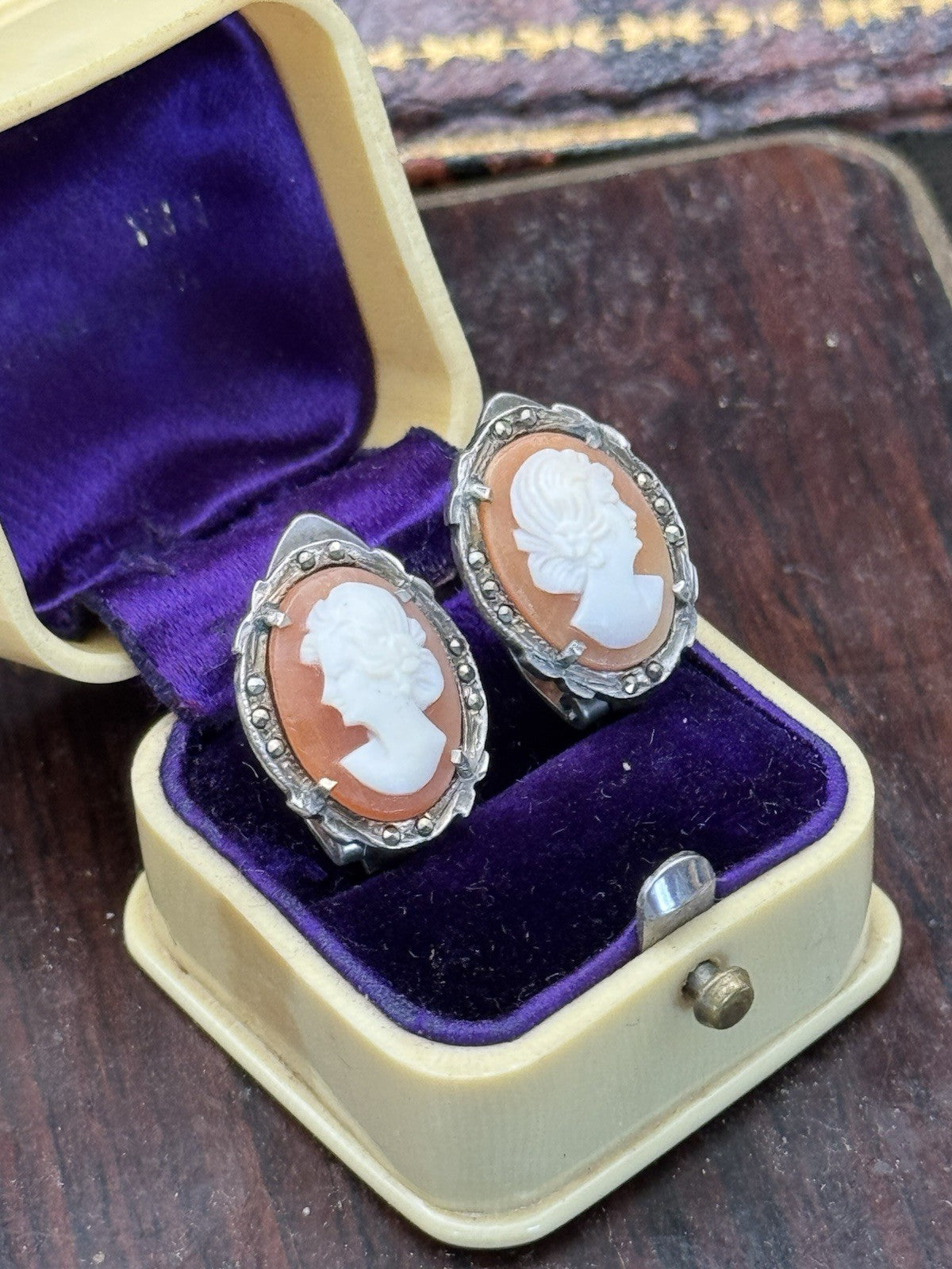 Antique Style Cameo Earrings 800 Silver Marcasite Clip-on ESTATE FIND