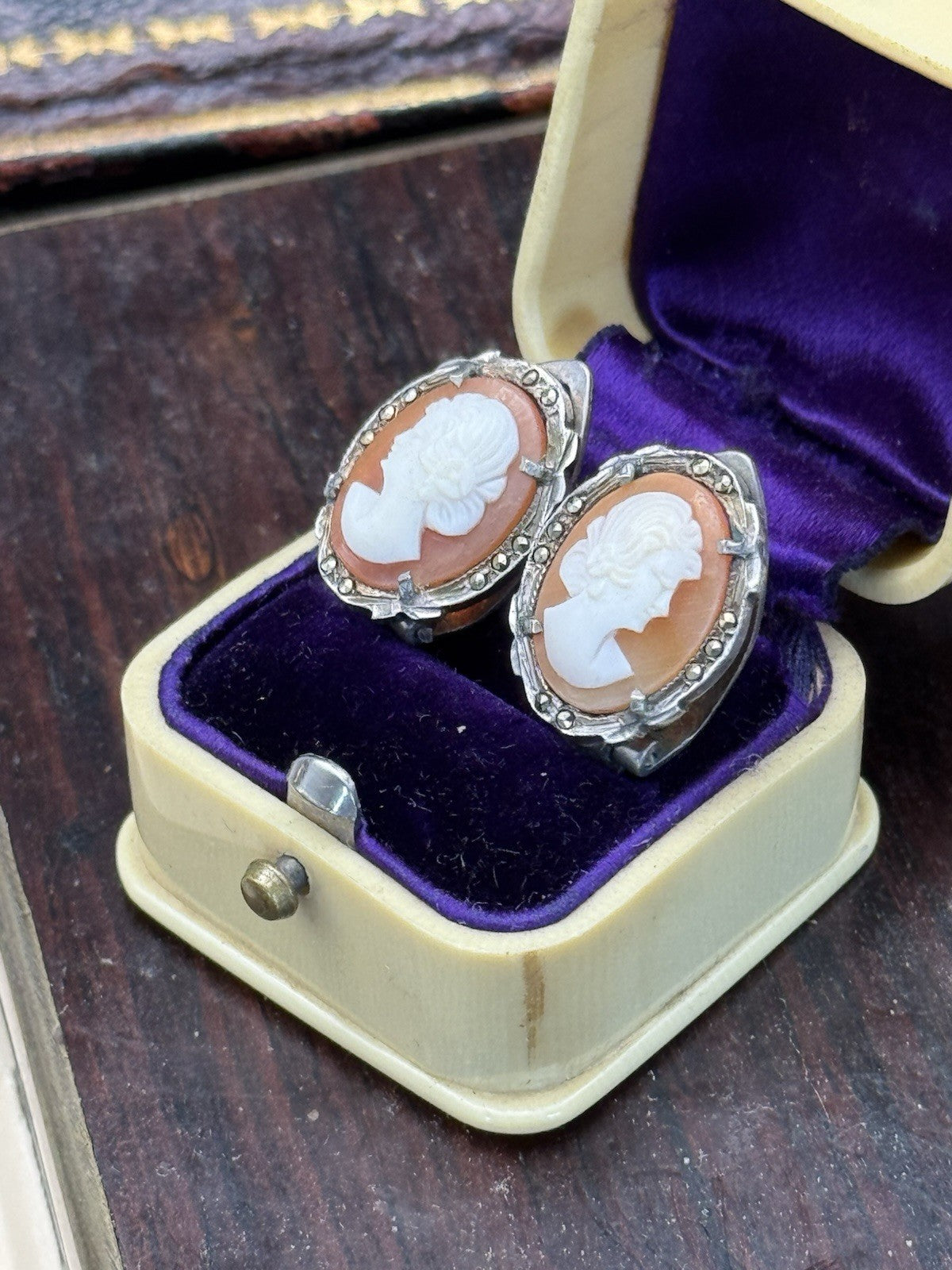 Antique Style Cameo Earrings 800 Silver Marcasite Clip-on ESTATE FIND