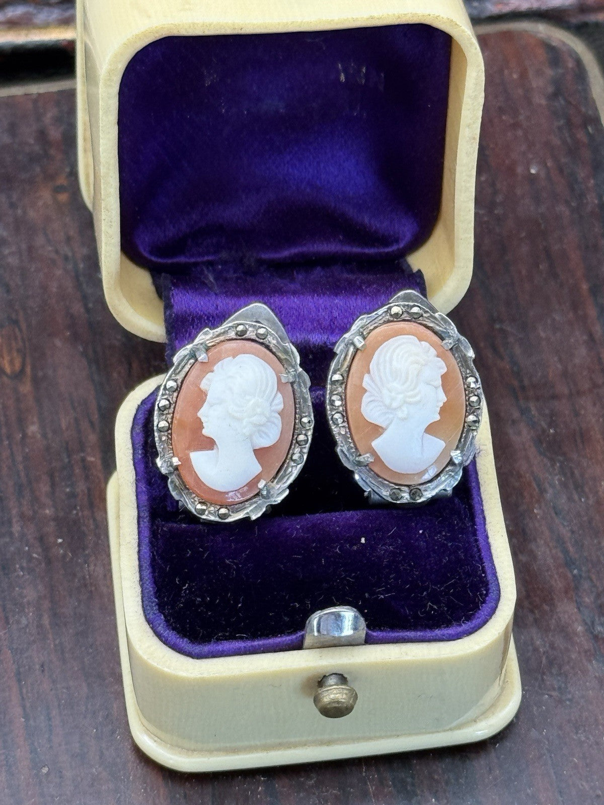 Antique Style Cameo Earrings 800 Silver Marcasite Clip-on ESTATE FIND