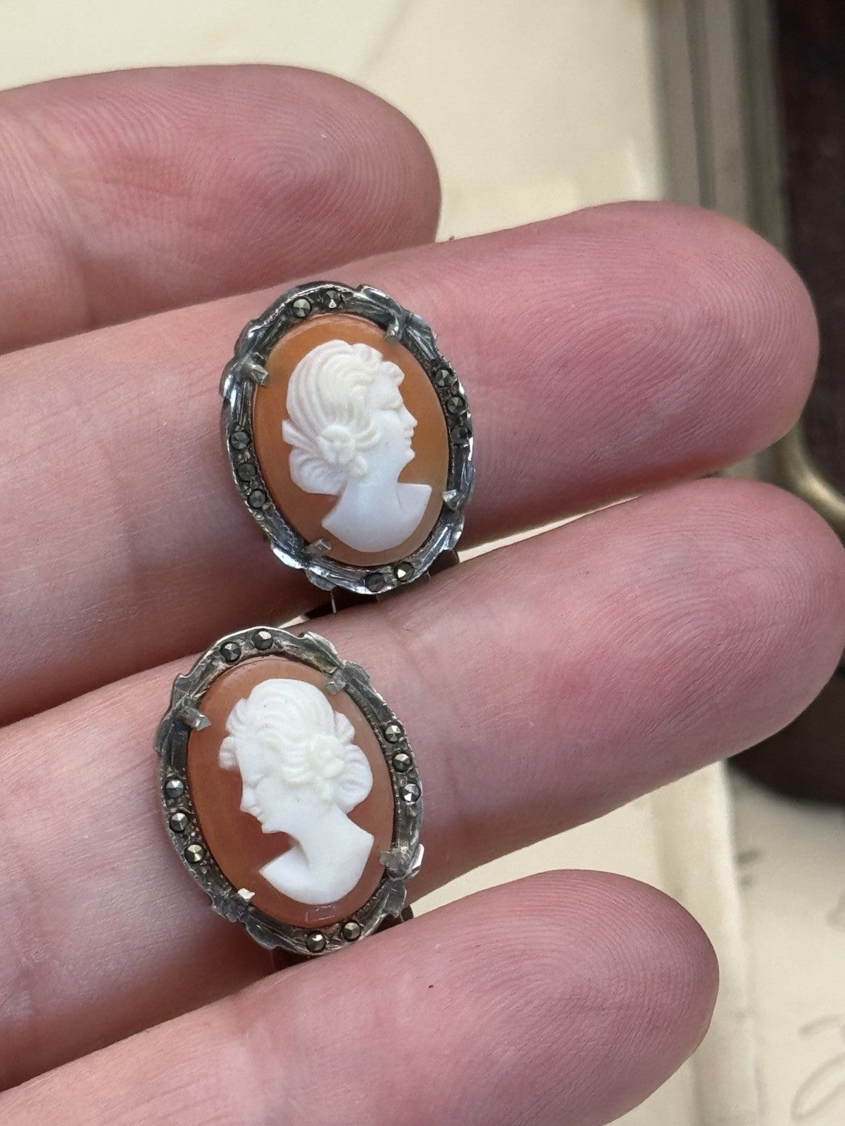 Antique Style Cameo Earrings 800 Silver Marcasite Clip-on ESTATE FIND
