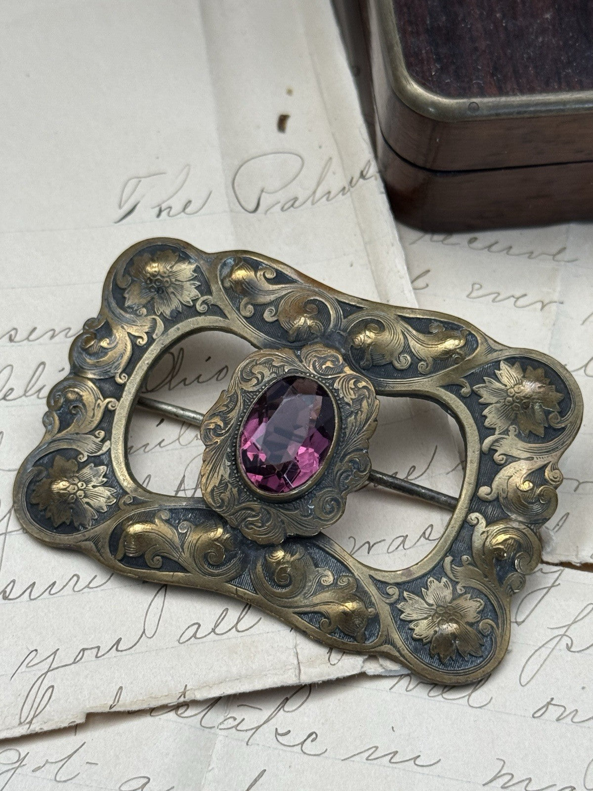 Art Nouveau Sash Brooch Embossed Goldtone Large Purple Rhinestone Buckle Pin