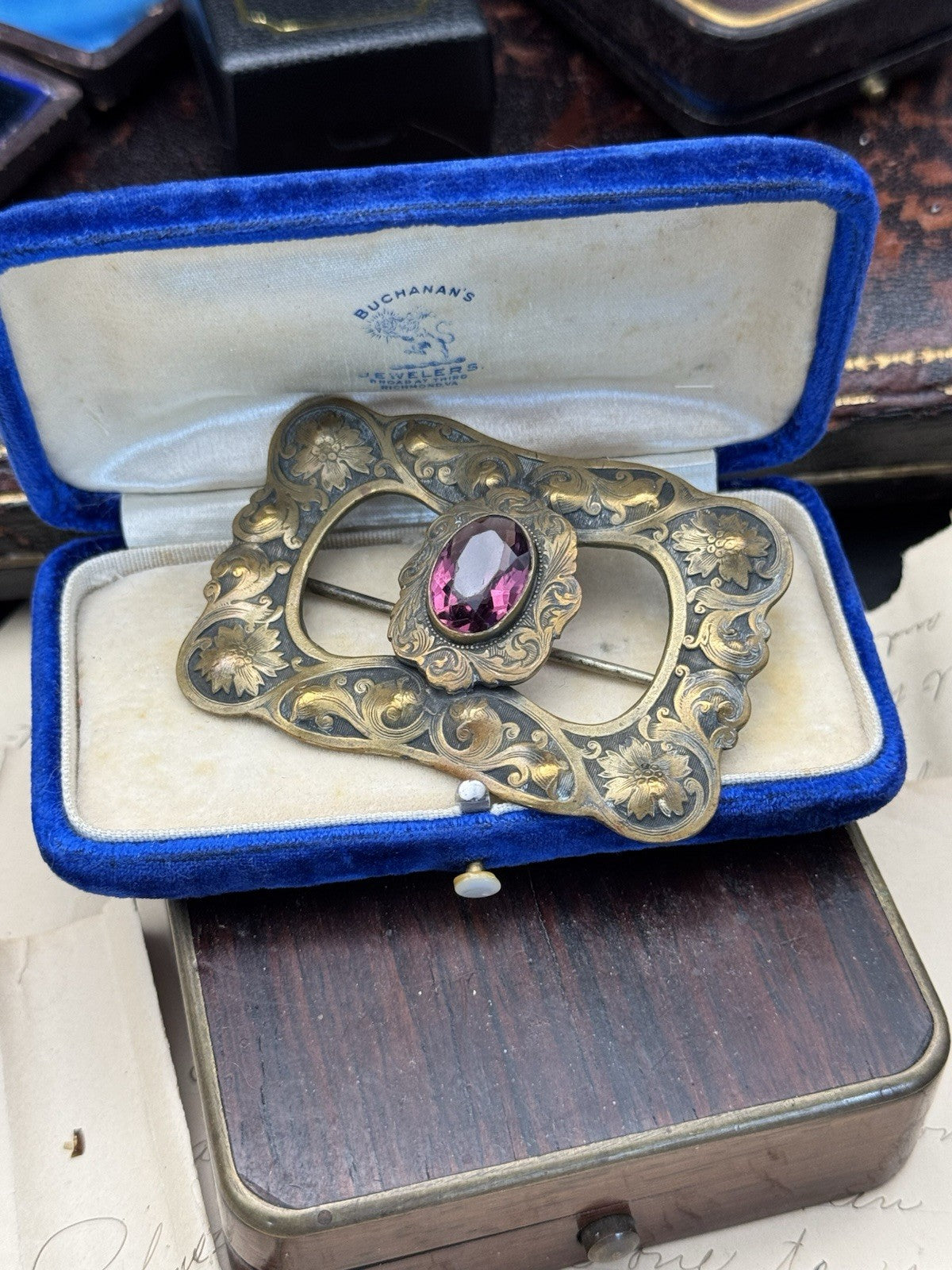 Art Nouveau Sash Brooch Embossed Goldtone Large Purple Rhinestone Buckle Pin