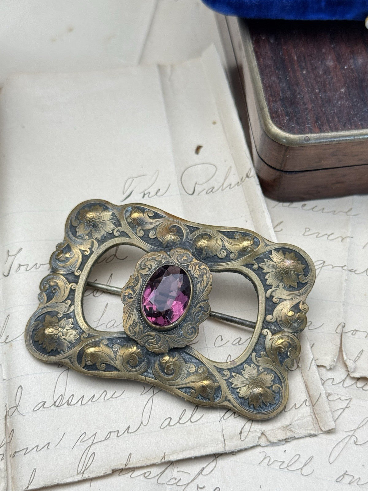 Art Nouveau Sash Brooch Embossed Goldtone Large Purple Rhinestone Buckle Pin