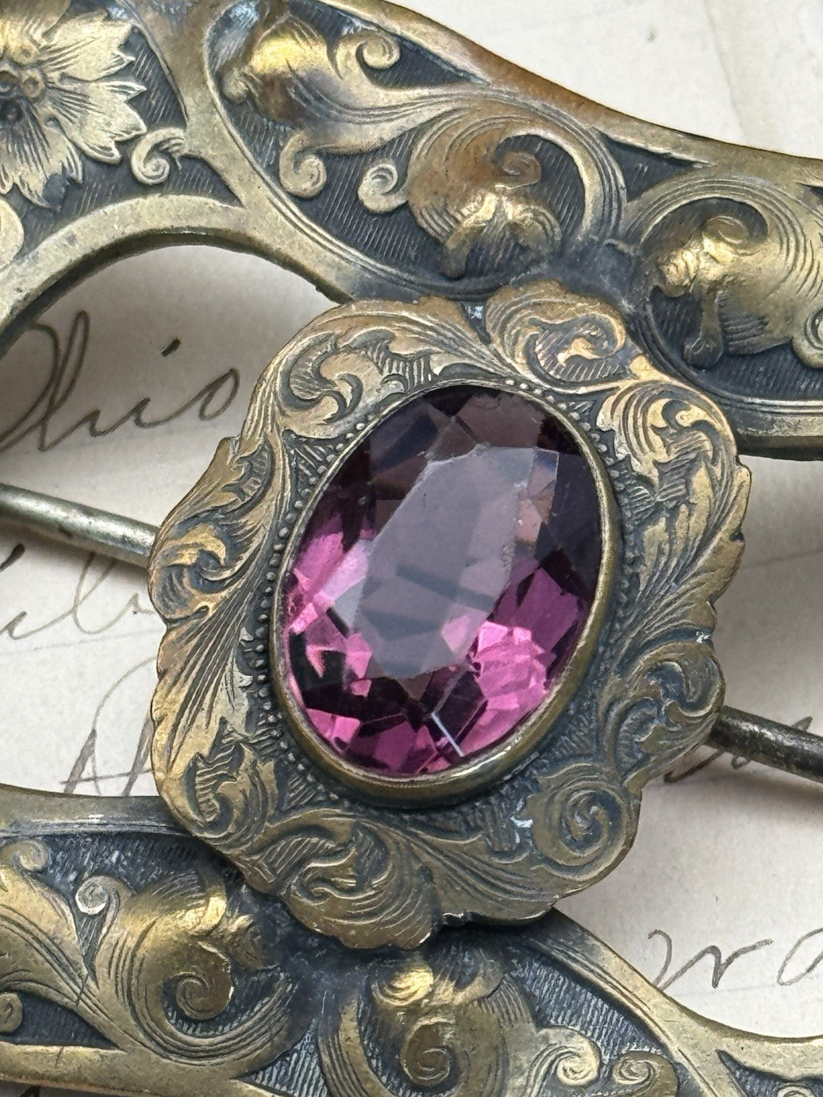 Art Nouveau Sash Brooch Embossed Goldtone Large Purple Rhinestone Buckle Pin