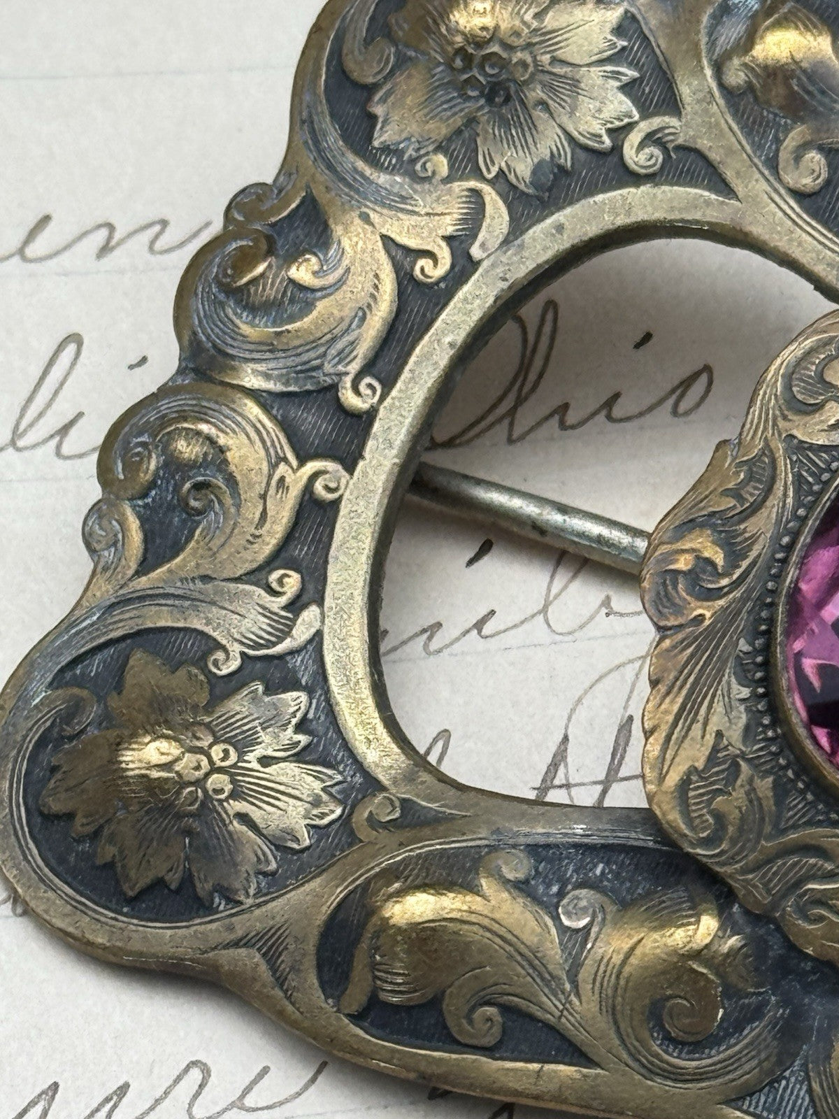 Art Nouveau Sash Brooch Embossed Goldtone Large Purple Rhinestone Buckle Pin