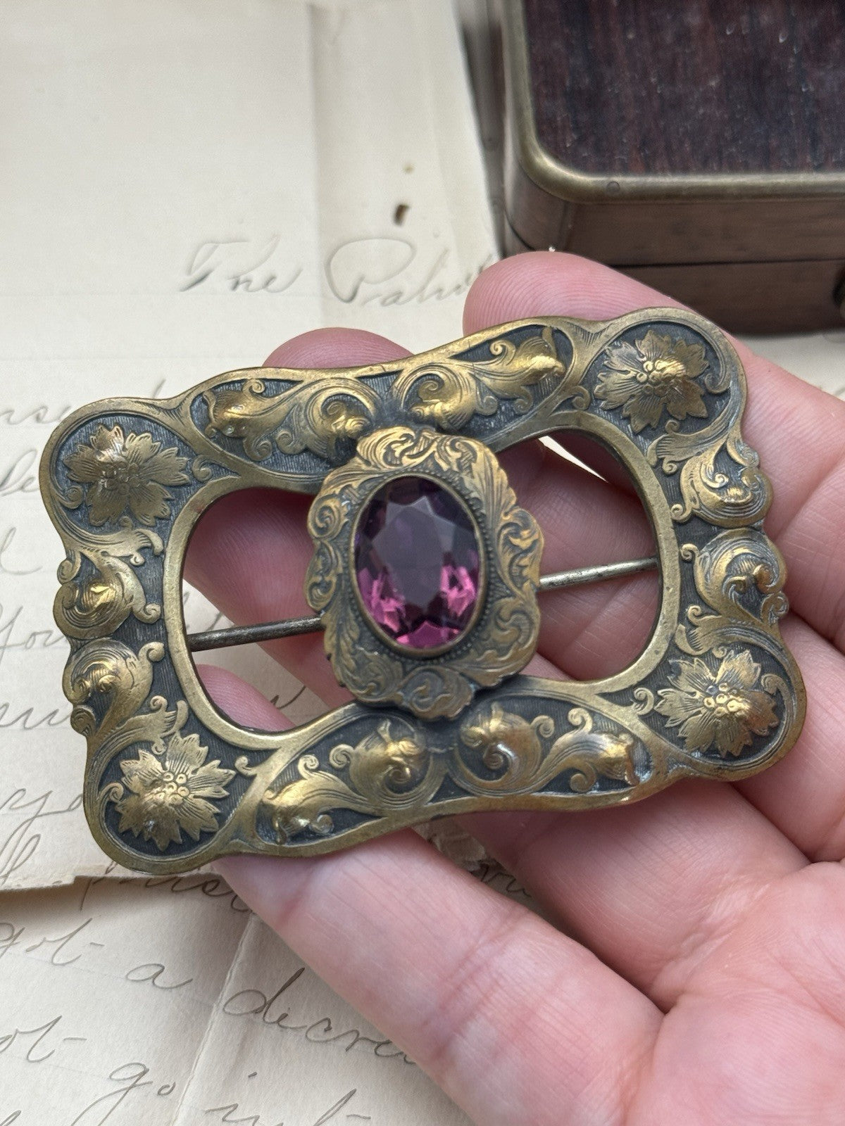 Art Nouveau Sash Brooch Embossed Goldtone Large Purple Rhinestone Buckle Pin