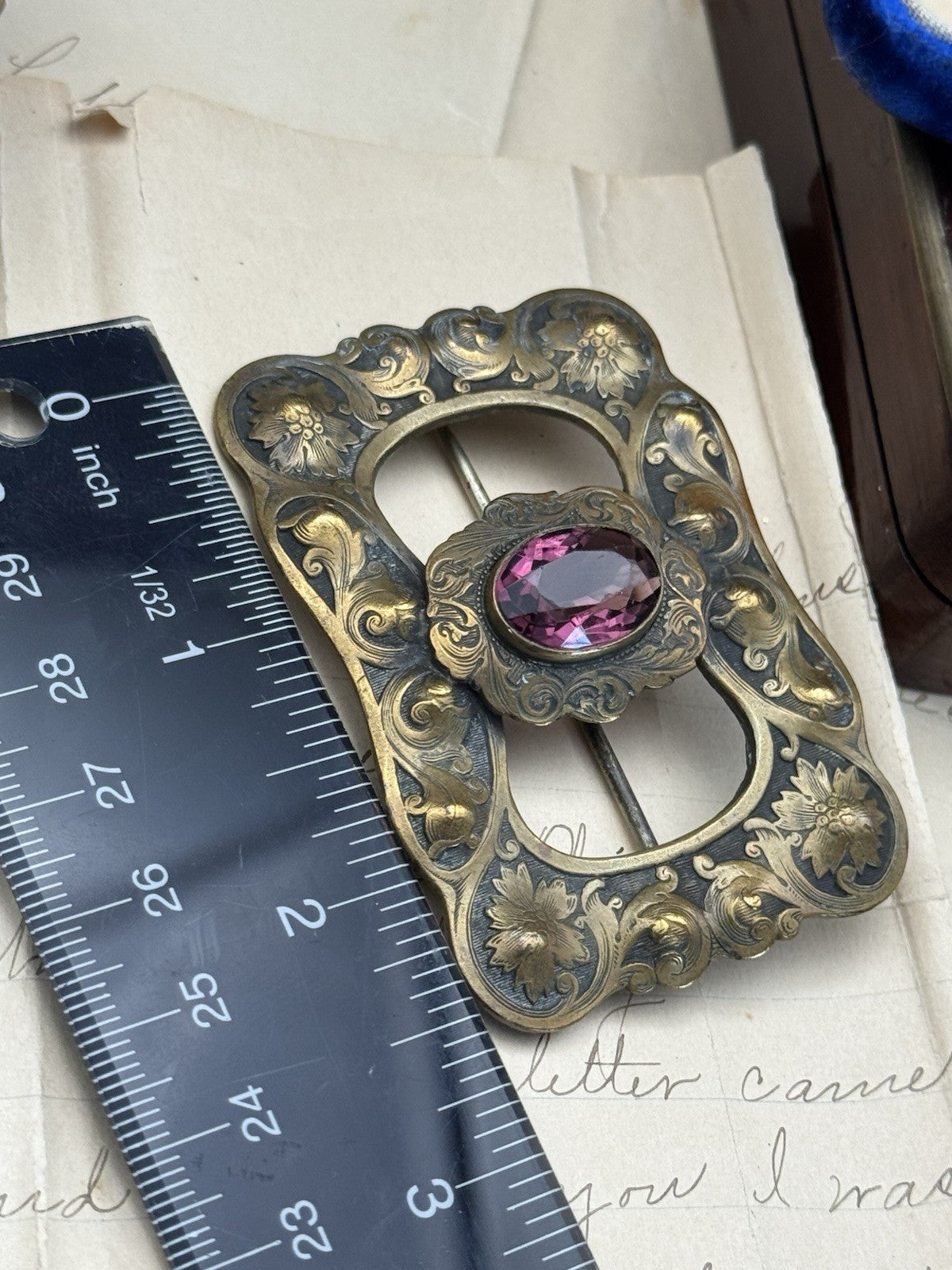 Art Nouveau Sash Brooch Embossed Goldtone Large Purple Rhinestone Buckle Pin