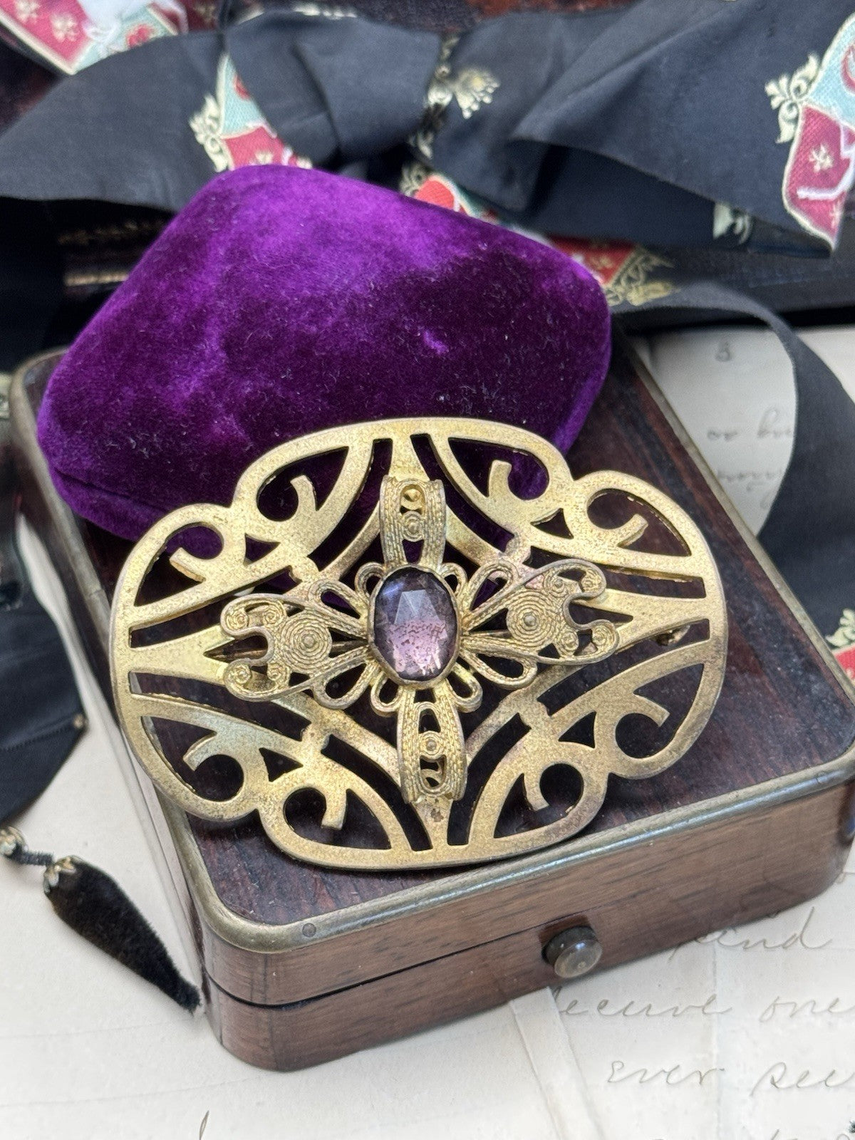 Art Nouveau Gilt Filigree Sash Brooch Purple Paste Buckle Antique Estate Find