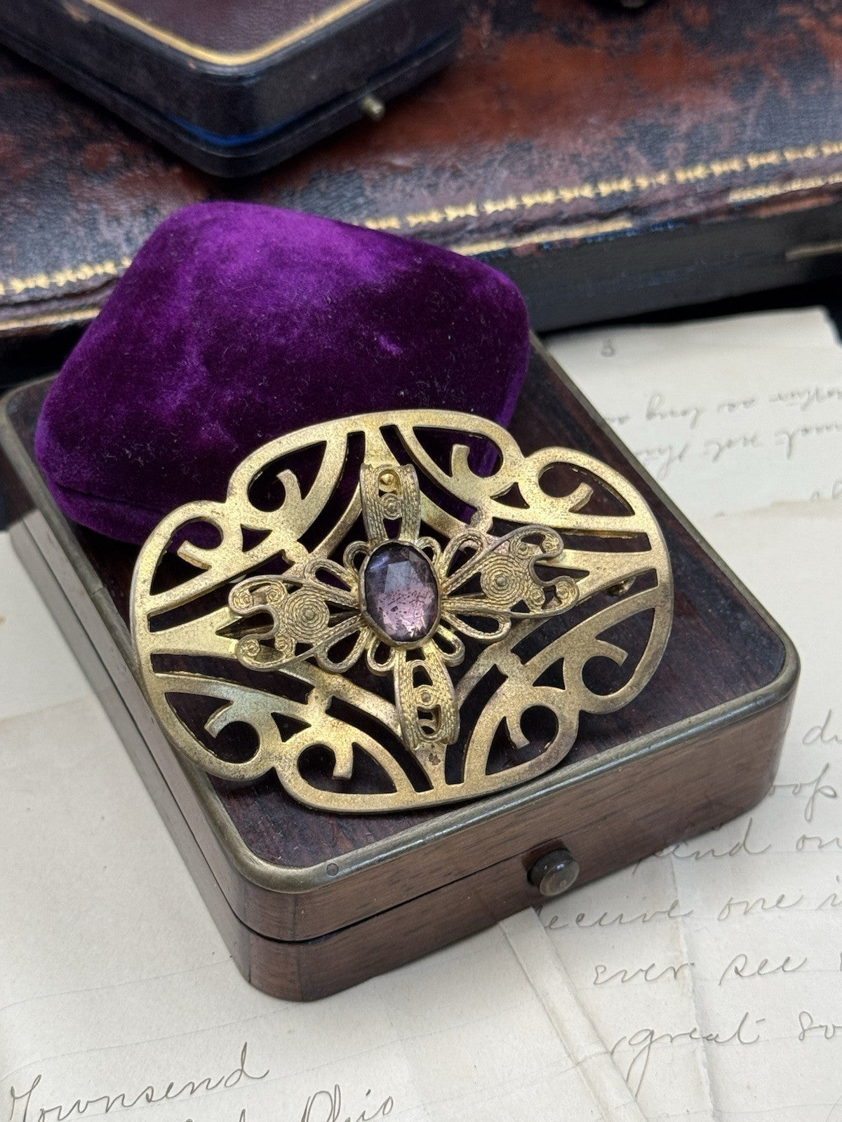 Art Nouveau Gilt Filigree Sash Brooch Purple Paste Buckle Antique Estate Find