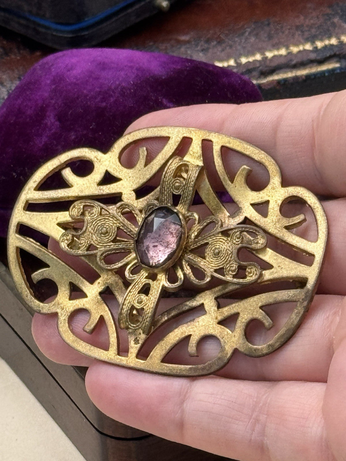 Art Nouveau Gilt Filigree Sash Brooch Purple Paste Buckle Antique Estate Find