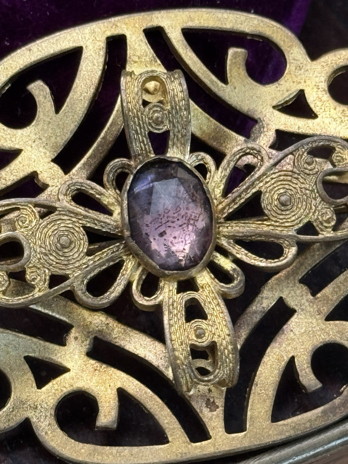 Art Nouveau Gilt Filigree Sash Brooch Purple Paste Buckle Antique Estate Find